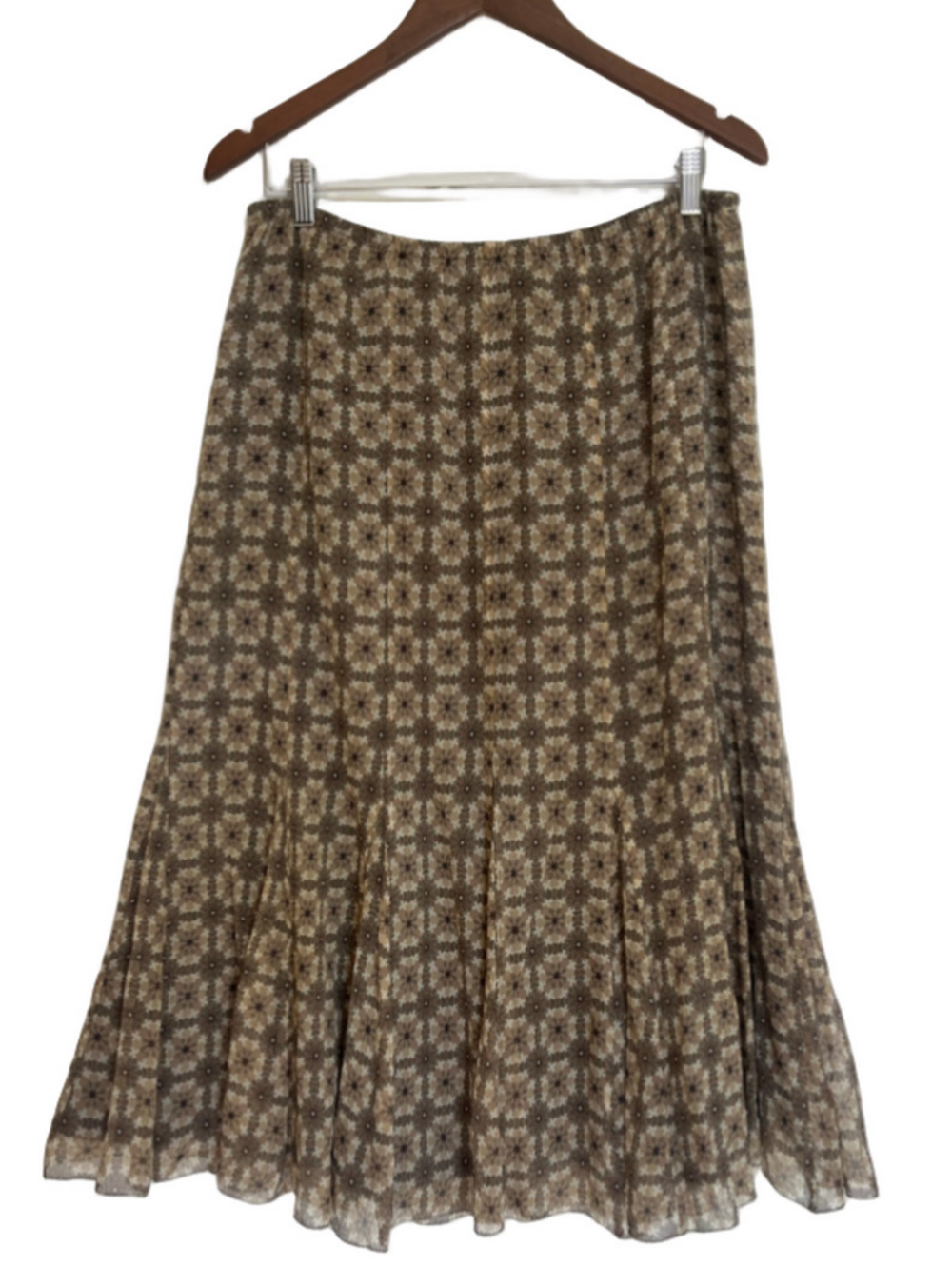 Vintage Talbots 100% Silk Midi Skirt Brown Beige Patterned Flowy A-line
